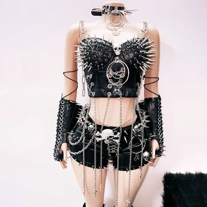 Unleash Your Inner Rebel: Spiked & Chained Gothcore Faux Leather Set - Halloween & Concert Ready