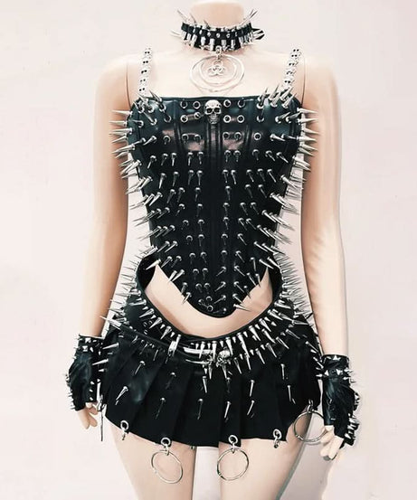 Ultimate Spiked Gothic Punk Corset Top & Pleated Mini Skirt Set - Halloween & Party Ready!