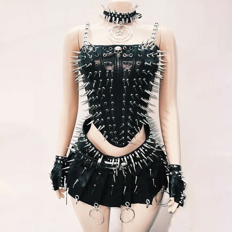 Ultimate Spiked Gothic Punk Corset Top & Pleated Mini Skirt Set - Halloween & Party Ready!