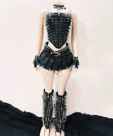 Ultimate Spiked Gothic Punk Corset Top & Pleated Mini Skirt Set - Halloween & Party Ready!