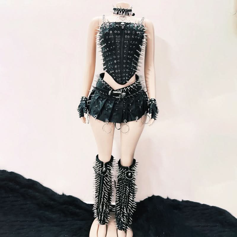 Ultimate Spiked Gothic Punk Corset Top & Pleated Mini Skirt Set - Halloween & Party Ready!