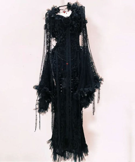Bewitching Black Lace Bell Sleeve Maxi Gown - Ethereal Gothic Drama for Halloween & Fall Events