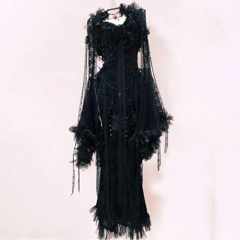 Bewitching Black Lace Bell Sleeve Maxi Gown - Ethereal Gothic Drama for Halloween & Fall Events