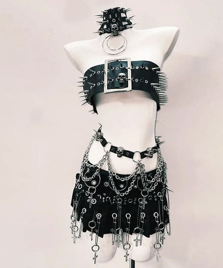 Fierce Goth Punk Spiked Skull Crop Top & Chain Skirt Set - Halloween | Club | Festival