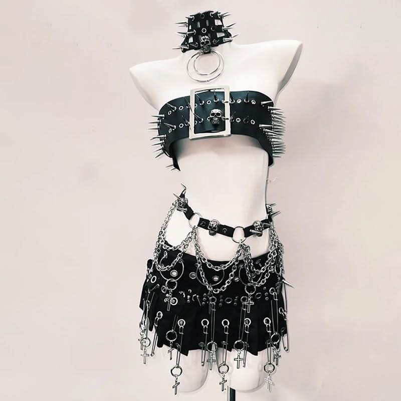 Fierce Goth Punk Spiked Skull Crop Top & Chain Skirt Set - Halloween | Club | Festival