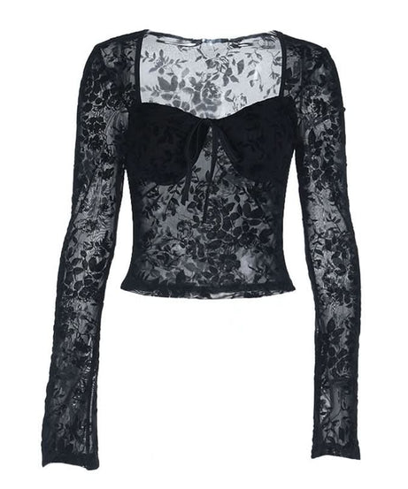 Enchanting Black Floral Lace Long Sleeve Top - Sweetheart Neck Sheer Blouse for Fall & Halloween Chic