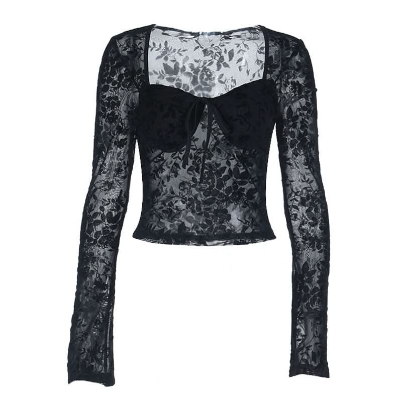 Enchanting Black Floral Lace Long Sleeve Top - Sweetheart Neck Sheer Blouse for Fall & Halloween Chic