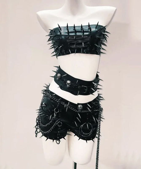 Fierce Spiked Skull Faux Leather Tube Top & Shorts Set | Halloween Rave & Clubwear