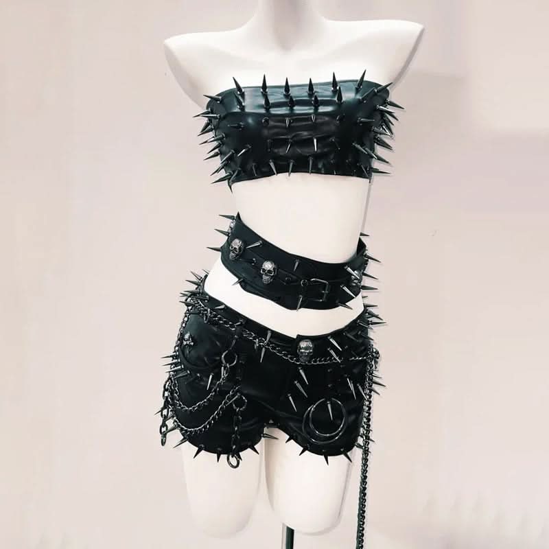 Fierce Spiked Skull Faux Leather Tube Top & Shorts Set | Halloween Rave & Clubwear