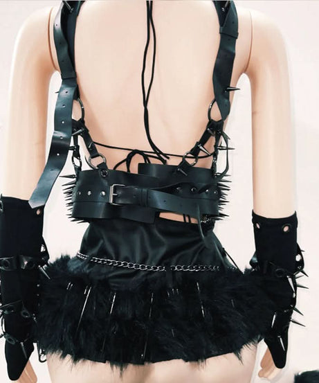 Unleash Your Power: Spiked Gothic Harness & Skirt Ensemble - Ultimate Halloween & Festival Outfit for Women