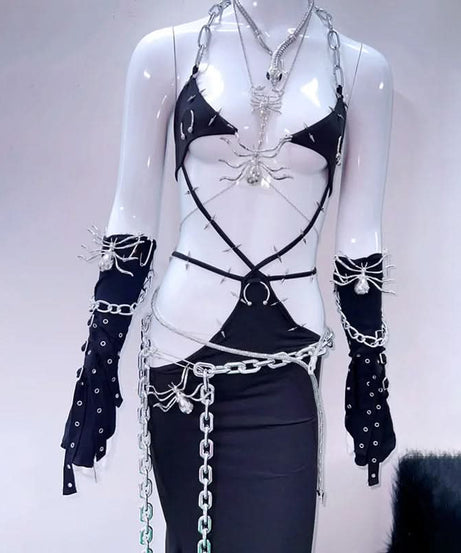 Gothic Spider Chain Halter Maxi Dress - Daring Halloween Party & Rave Attire