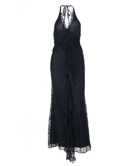 Gothic Glamour: Black Lace Halter Mermaid Maxi Dress - Spooky Season & Fall Event Ready