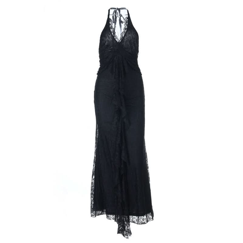 Gothic Glamour: Black Lace Halter Mermaid Maxi Dress - Spooky Season & Fall Event Ready