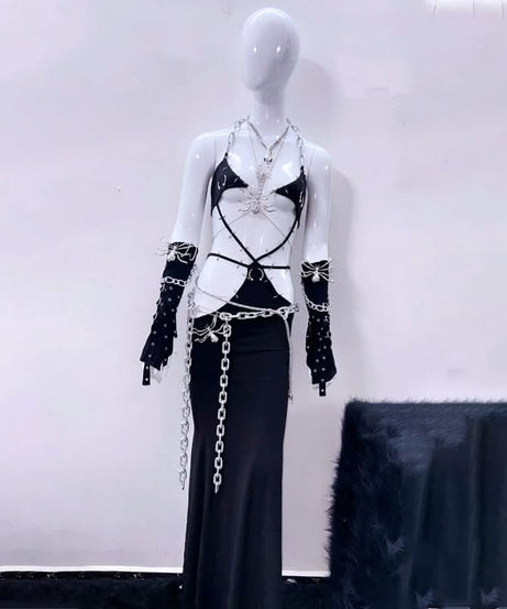 Gothic Spider Chain Halter Maxi Dress - Daring Halloween Party & Rave Attire