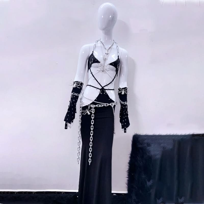 Gothic Spider Chain Halter Maxi Dress - Daring Halloween Party & Rave Attire