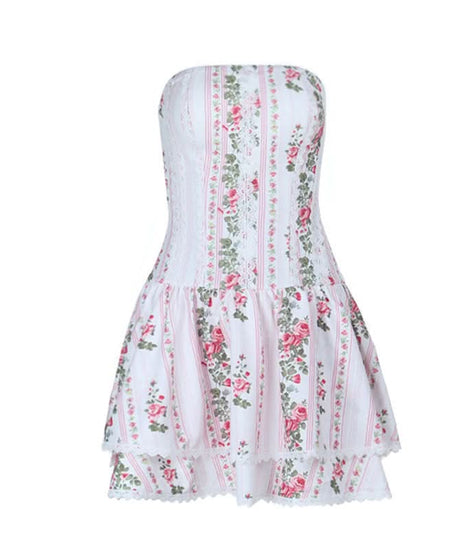 Romantic Rose Floral Strapless Mini Dress with Lace Trim | Autumn Getaway & Resort Wear