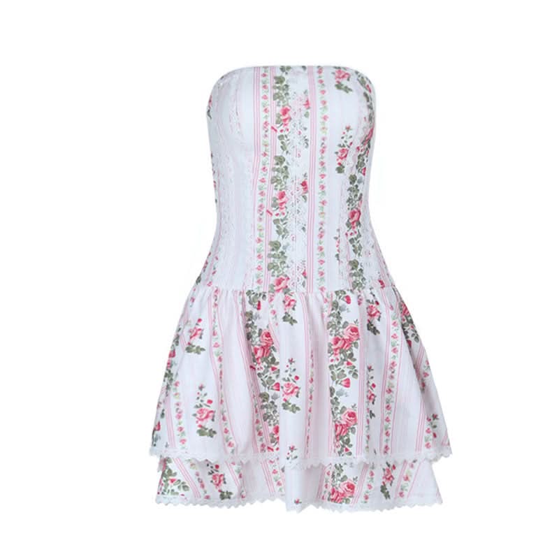 Romantic Rose Floral Strapless Mini Dress with Lace Trim | Autumn Getaway & Resort Wear