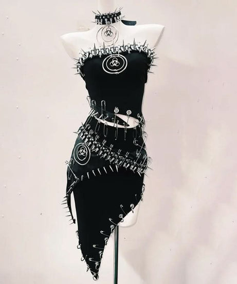 Fierce Biohazard Spiked Safety Pin Mini Dress - Halloween, Goth & Clubwear Statement