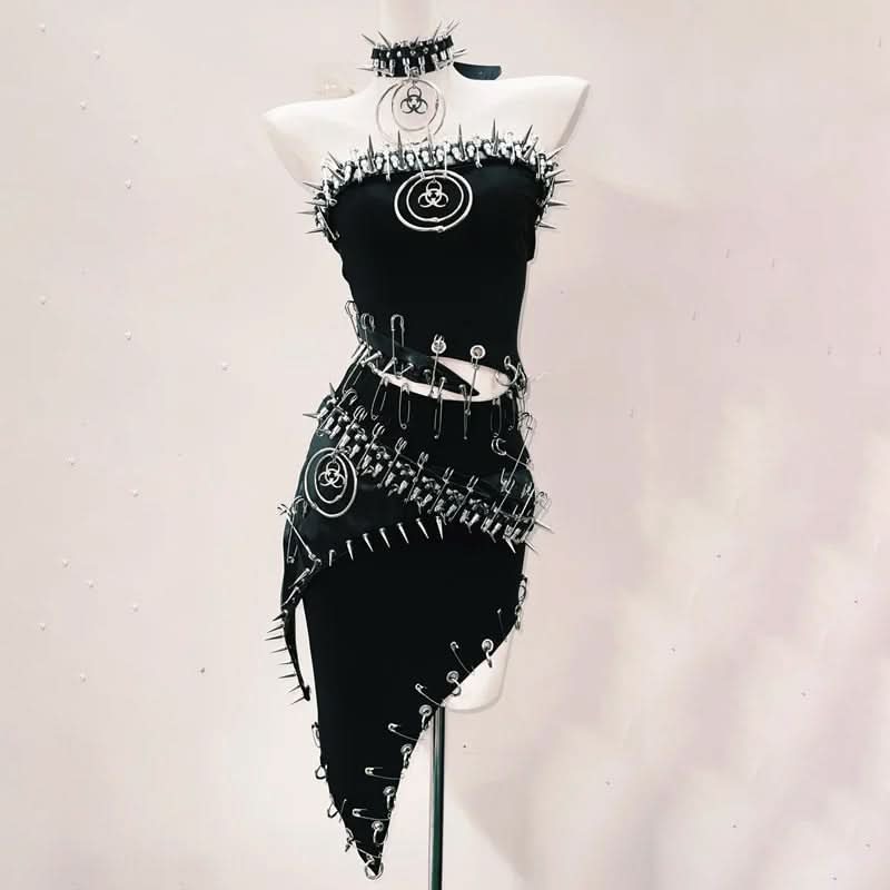 Fierce Biohazard Spiked Safety Pin Mini Dress - Halloween, Goth & Clubwear Statement
