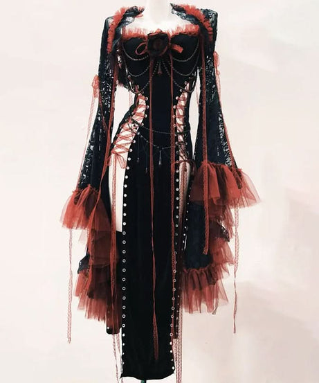 Enchanting Gothic Vampire Corset Maxi Dress with Lace Shrug & Ruffled Sleeves - Halloween & Fall Ready!