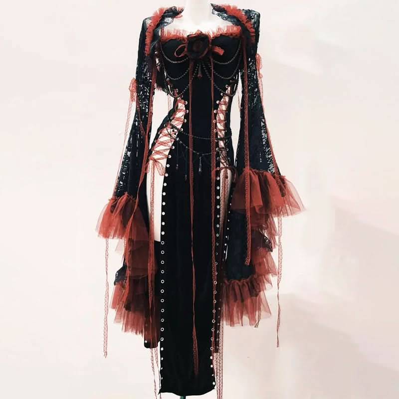 Enchanting Gothic Vampire Corset Maxi Dress with Lace Shrug & Ruffled Sleeves - Halloween & Fall Ready!