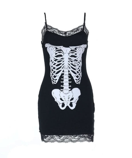 Haunted Ribs & Lace: Spooky Chic Skeleton Cami Mini Dress for Halloween Parties