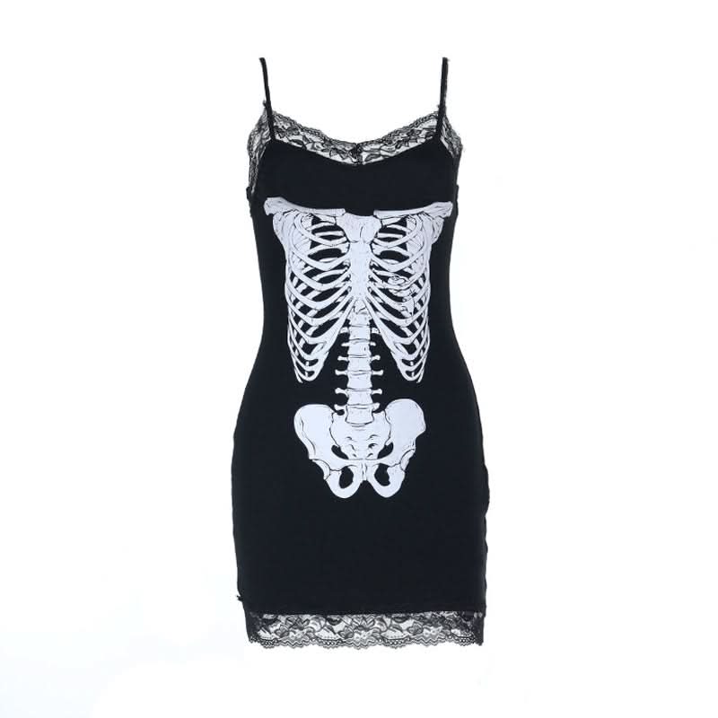 Haunted Ribs & Lace: Spooky Chic Skeleton Cami Mini Dress for Halloween Parties