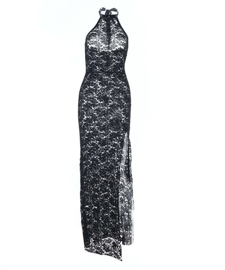 Showstopping Black Lace Halter Maxi Dress | High Slit Evening Gown for Fall & Holiday Parties