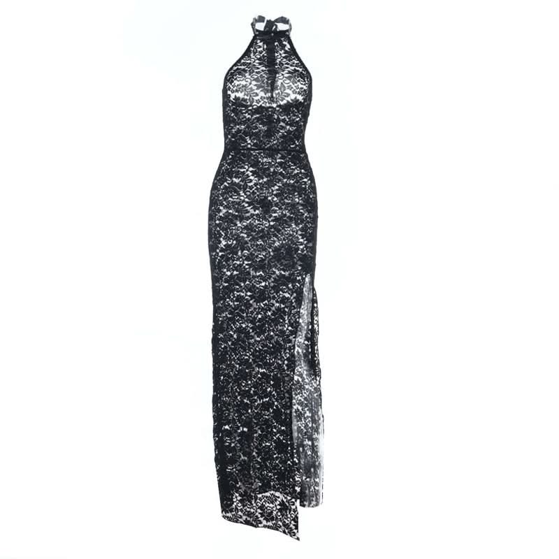 Showstopping Black Lace Halter Maxi Dress | High Slit Evening Gown for Fall & Holiday Parties