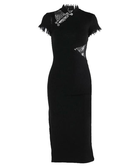 Vampire Chic High-Slit Midi Dress - Gothic Lace Cutout for Spooky Season Style