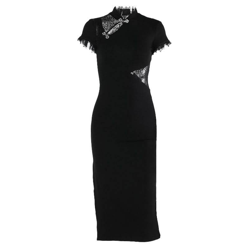 Vampire Chic High-Slit Midi Dress - Gothic Lace Cutout for Spooky Season Style