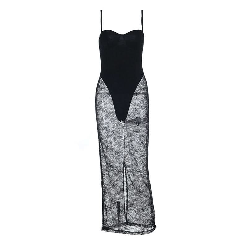 Dare to Dazzle: Black Lace Sheer Maxi Dress - Cami Style for Fall & Holiday Glamour