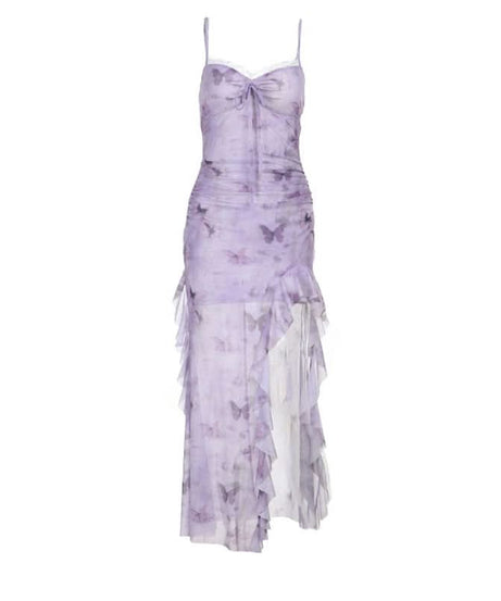 Whimsical Lavender Butterfly Maxi Dress - Ruffle Slit & Lace Trim