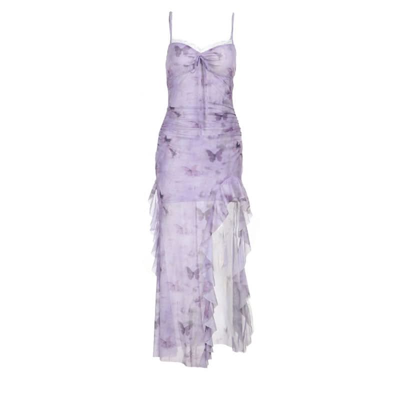 Whimsical Lavender Butterfly Maxi Dress - Ruffle Slit & Lace Trim