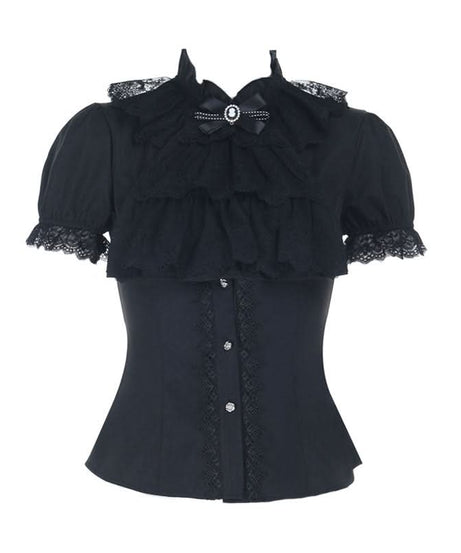 Bewitching Black Gothic Lace Ruffle Blouse | Victorian Cameo Top for Halloween & Fall