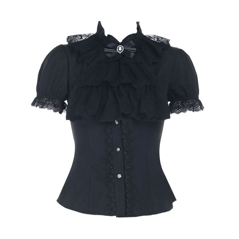 Bewitching Black Gothic Lace Ruffle Blouse | Victorian Cameo Top for Halloween & Fall
