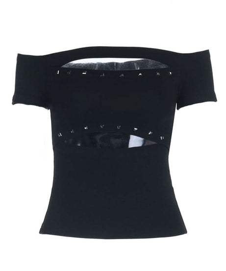 Black Studded Siren Off-Shoulder Cut-Out Top - Edgy Fall & Halloween Glam