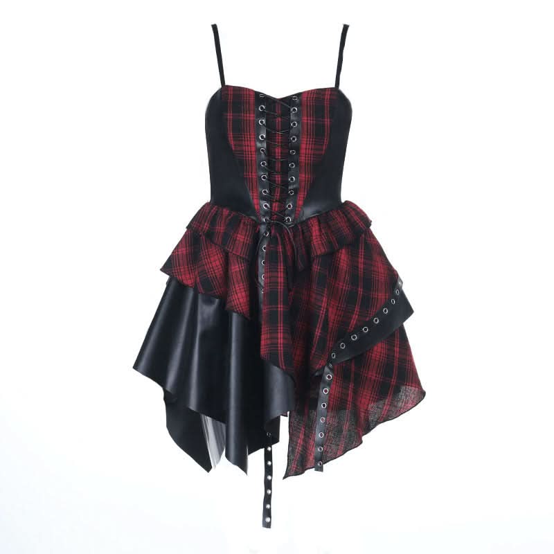 Gothic Grunge Plaid Corset Mini Dress - Edgy Lace-Up Faux Leather for Fall & Halloween