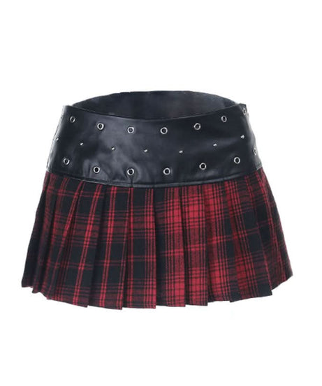 Spooky Season Style: Edgy Red Plaid Pleated Mini Skirt with Faux Leather & Eyelet Waist | Perfect for Halloween & Gothcore Looks