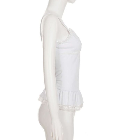 Effortless Chic White Lace Ruffle Cami | Soft Ruched Top for Cozy Fall Layering