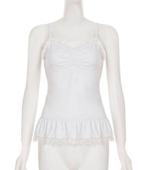Effortless Chic White Lace Ruffle Cami | Soft Ruched Top for Cozy Fall Layering
