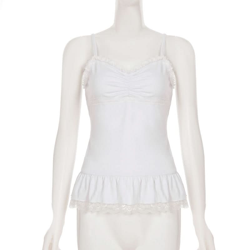 Effortless Chic White Lace Ruffle Cami | Soft Ruched Top for Cozy Fall Layering