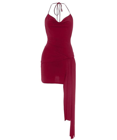 Chic Black Halter Cowl Neck Mini Dress with Asymmetrical Drape | Fall & Holiday Party Ready