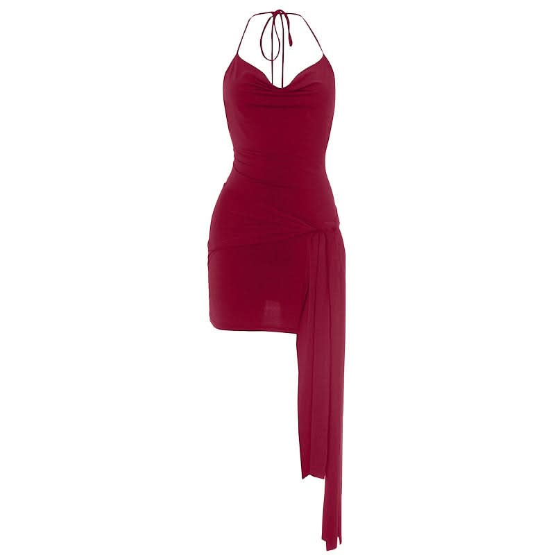 Chic Black Halter Cowl Neck Mini Dress with Asymmetrical Drape | Fall & Holiday Party Ready