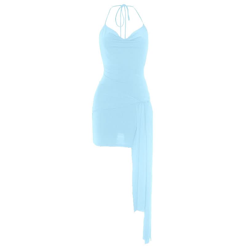 Chic Black Halter Cowl Neck Mini Dress with Asymmetrical Drape | Fall & Holiday Party Ready