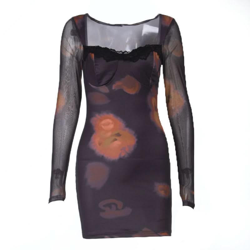 Vampy Dark Floral Mesh Mini Dress - Square Neck Bodycon with Lace Trim | Fall Nights Out