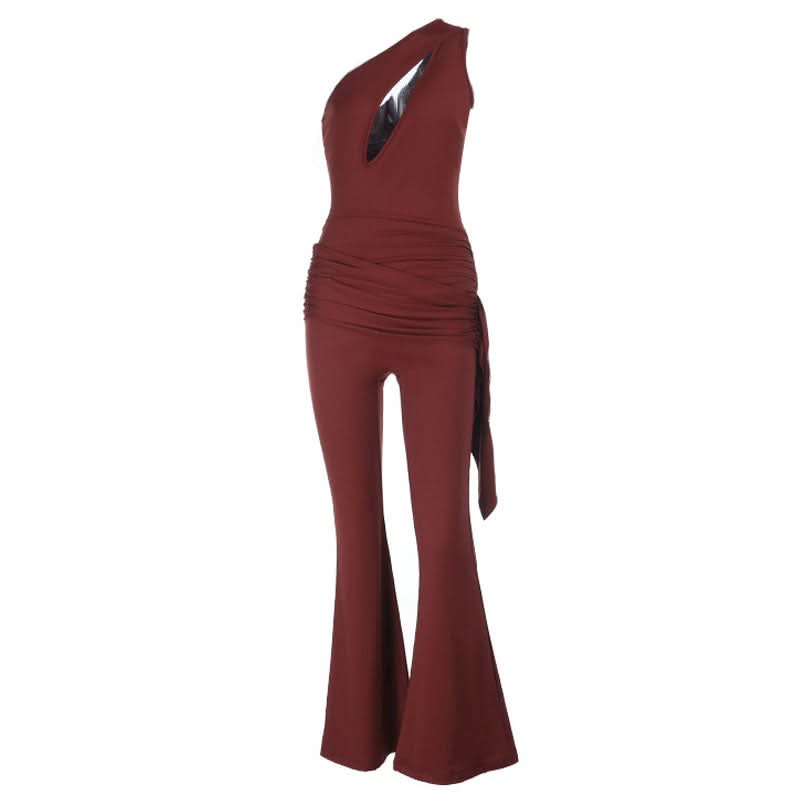 Stunning Fall Statement: Burgundy One-Shoulder Flared Jumpsuit