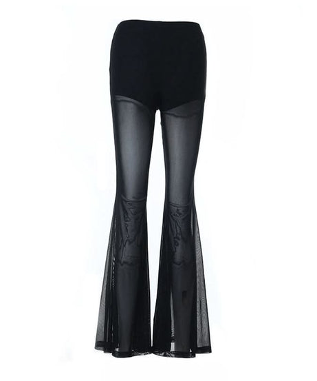Gothic Flare Mesh Pants - Black Sheer Wide Leg Trousers for Edgy Fall & Halloween Style