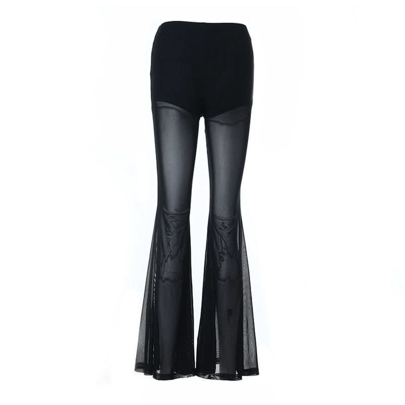 Gothic Flare Mesh Pants - Black Sheer Wide Leg Trousers for Edgy Fall & Halloween Style