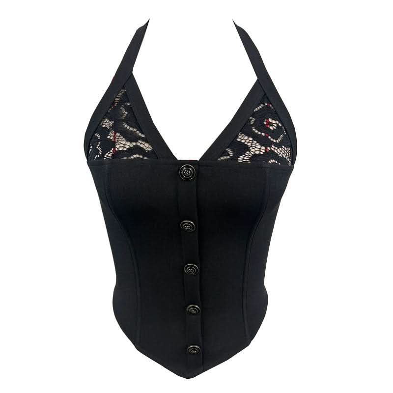 Gothic Romance Black Lace Halter Corset Top - Fall Nights & Statement Style